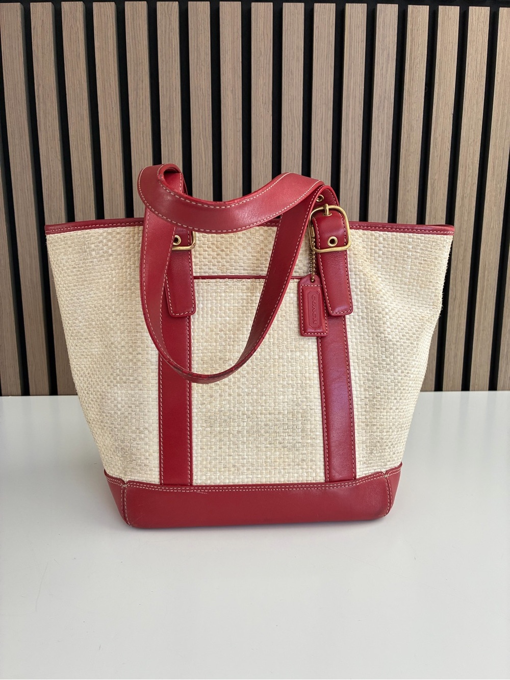 VTG COACH Woven Straw Leather Bag